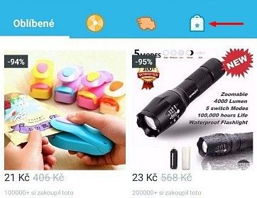 Po kliknutí na ikonu tašky lze vybírat zboží z konkrétních kategorií.