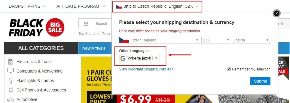 Pro přepnutí stránky do češtiny je na hlavní stránce třeba kliknout na nápis s českou vlajkou.  