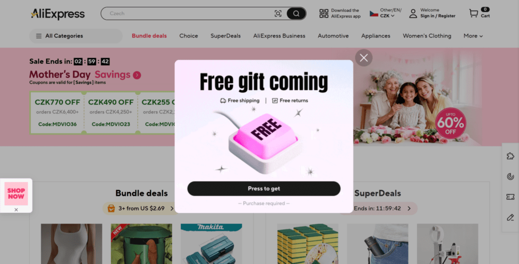 AliExpress nabízí různé slevové kódy a akce přímo na hlavní stránce. Může se jednat o sezónní akce nebo o nejrůznější klikací slevové hry.