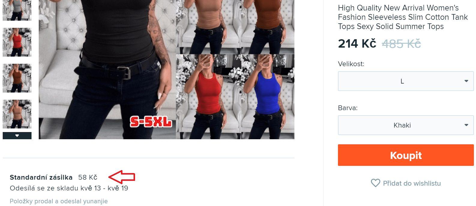 Cenu za dopravu lze vidět pod fotografiemi produktů.