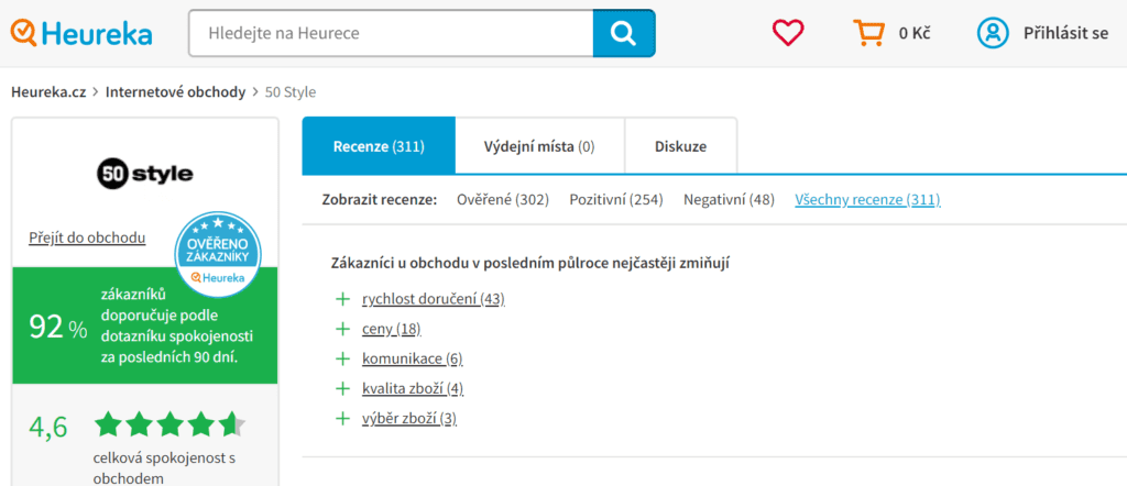 Na recenzním portálu Heureka.cz má 50 style velmi dobré hodnocení.