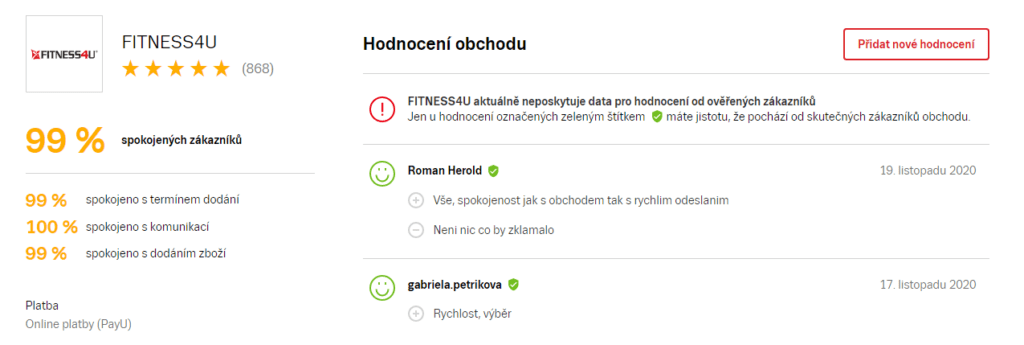 Fitness4u má zákaznické recenze, které by jiné e-shopy mohly závidět.