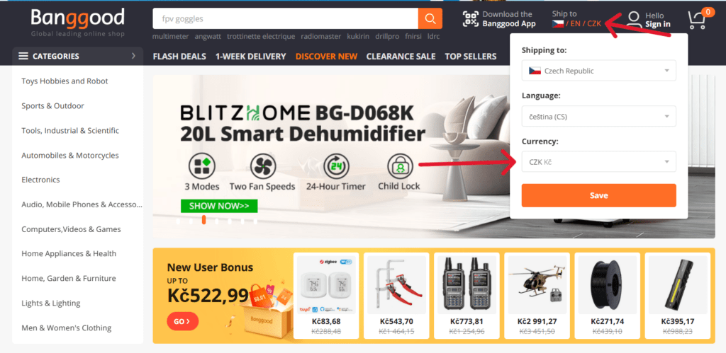 Další výhodou je možnost nastavit na Banggood české koruny.