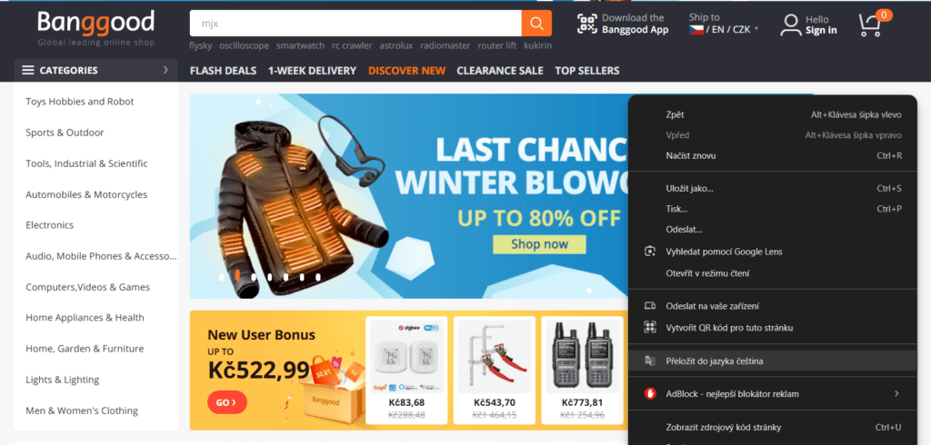 Pokud uživatel využívá Google Chrome, může si web přeložit pomocí automatického překladače.