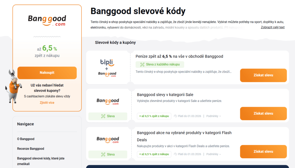 Slevové kódy a kupóny Banggood lze najít i na cashback portálu Tipli.cz.