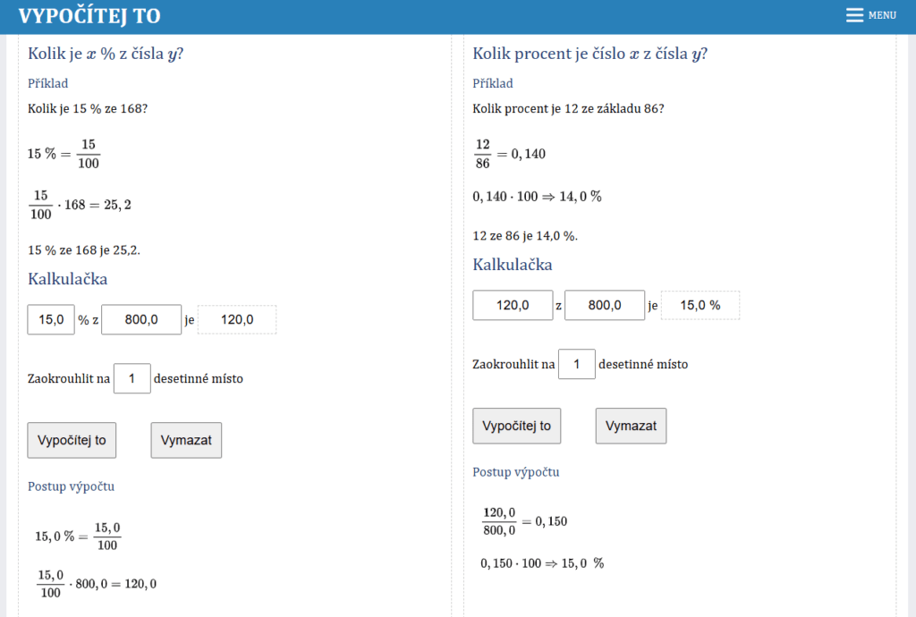 Procenta si lze snadno spočítat za pomocí online kalkulačky na webu www.vypocitejto.cz.