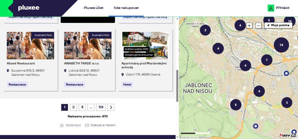 Pluxee vyhledávač má intuitivní rozhraní a nabízí orientaci pomocí mapy.